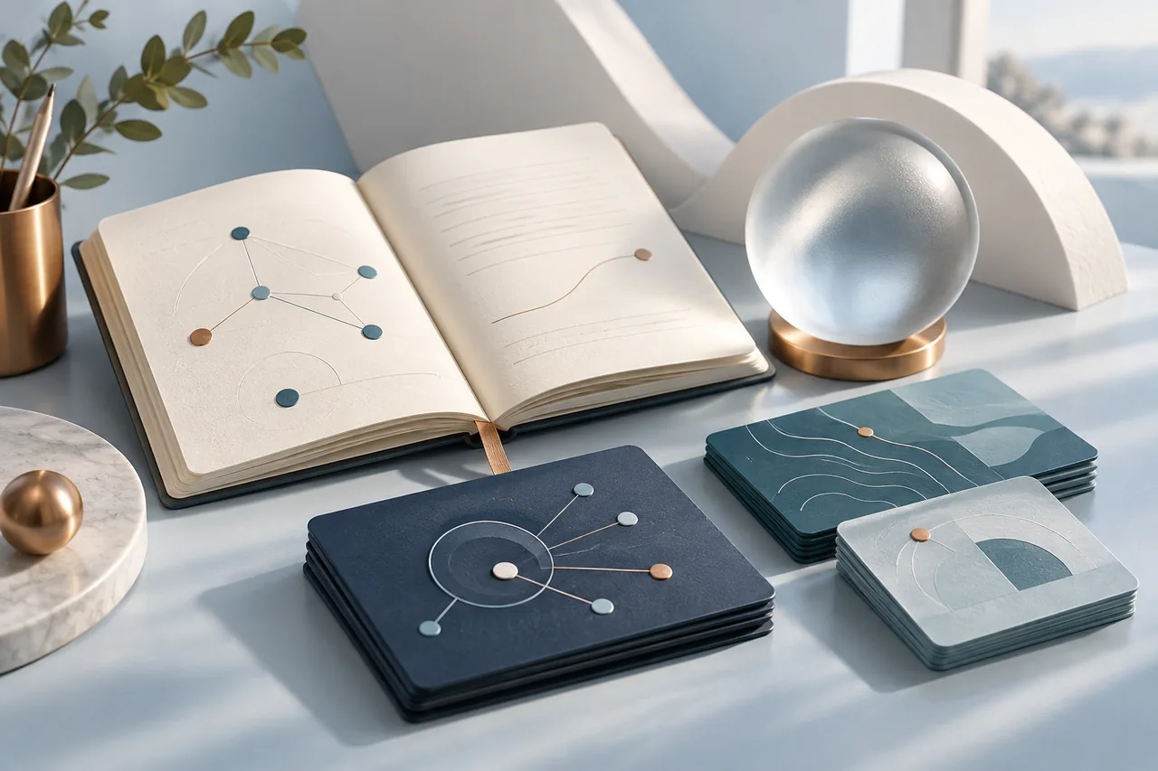 Abstract knowledge models with connected points on an open book and several cards.