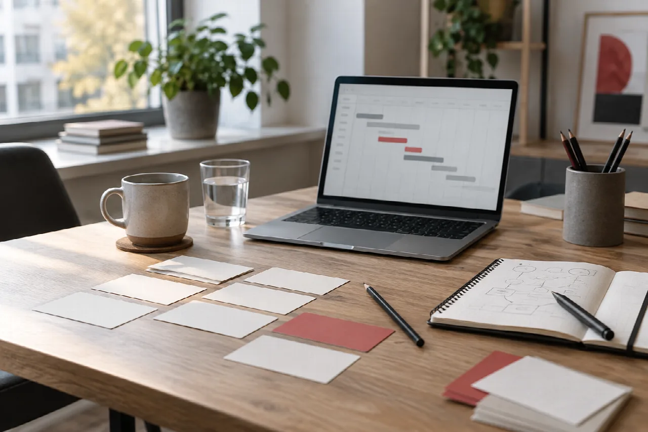 Project planning workspace with a schedule on a laptop, notes and task cards.